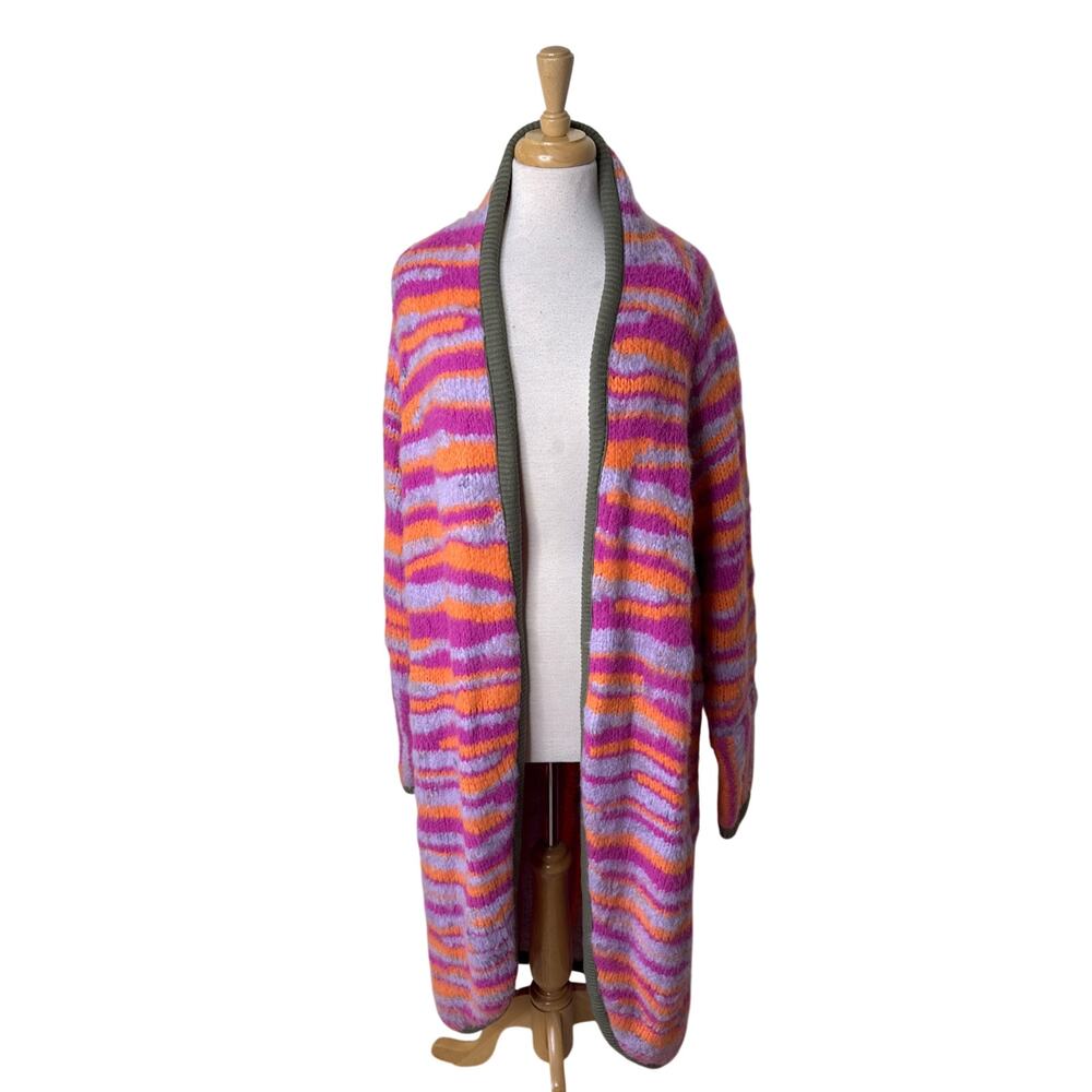 FREE PEOPLE Pink Striped Tiger Knit Duster with Green Trim Size Large